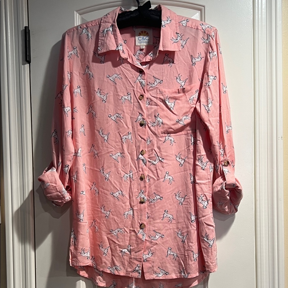 C&C California Dalmatian Dog Print Pink Button Down Shirt - Picture 4 of 8